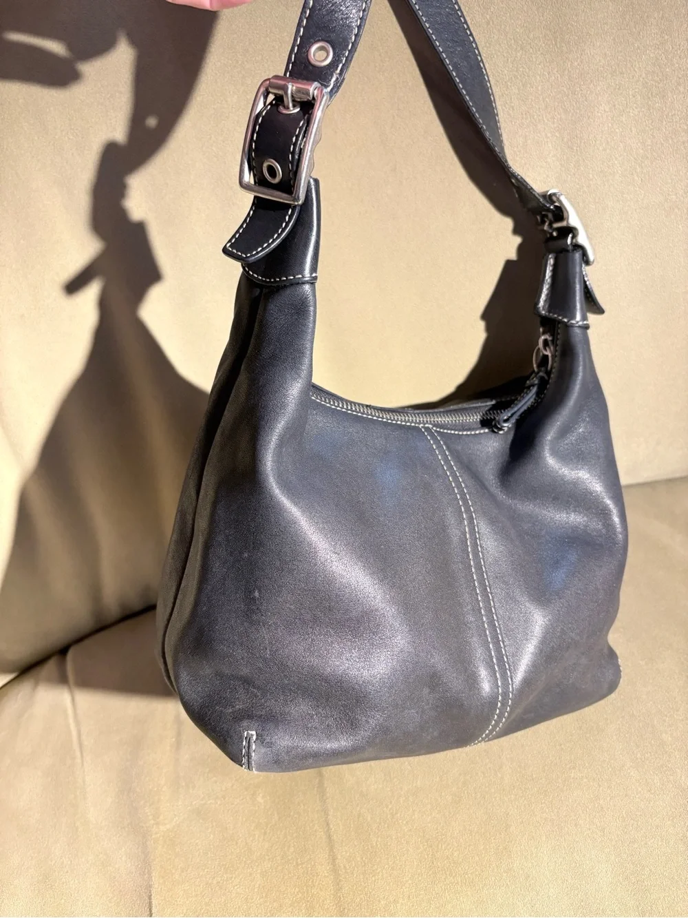 COACH Medium Hobo Leather Shoulder Crossbody Bag in Black with Silver Hardware